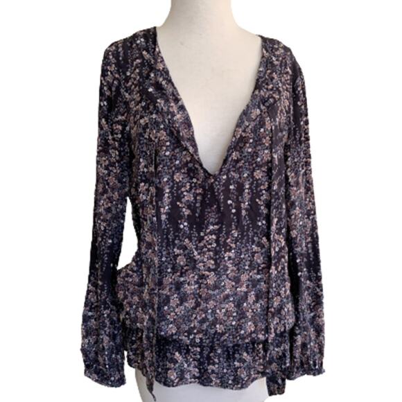 Set Silk Ditsy Floral Print Tie Neck Long Sleeve Blouse Top Black Size 8 - Picture 1 of 5